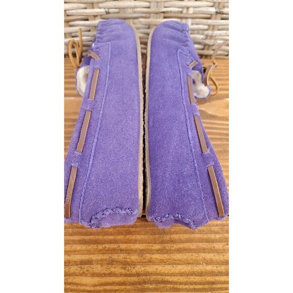 Minnetonka Girls Purple Suede Moccasin Slippers Faux Fur Leather lace Size 4 - Picture 9 of 12